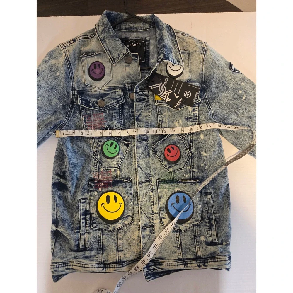 NEW WITH TAGS  Reason Clothing Smiley Face Multi-Pocket Distressed Denim Jacket